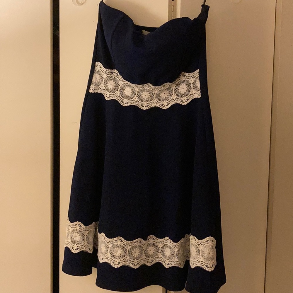 Strapless navy and white dress